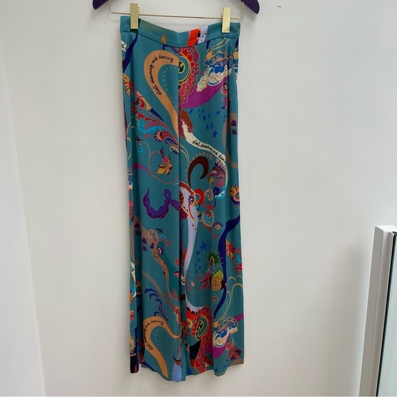 Etro Pants - ETRO turquoise satin silk wide leg pants with colourful patterns size 38 XS